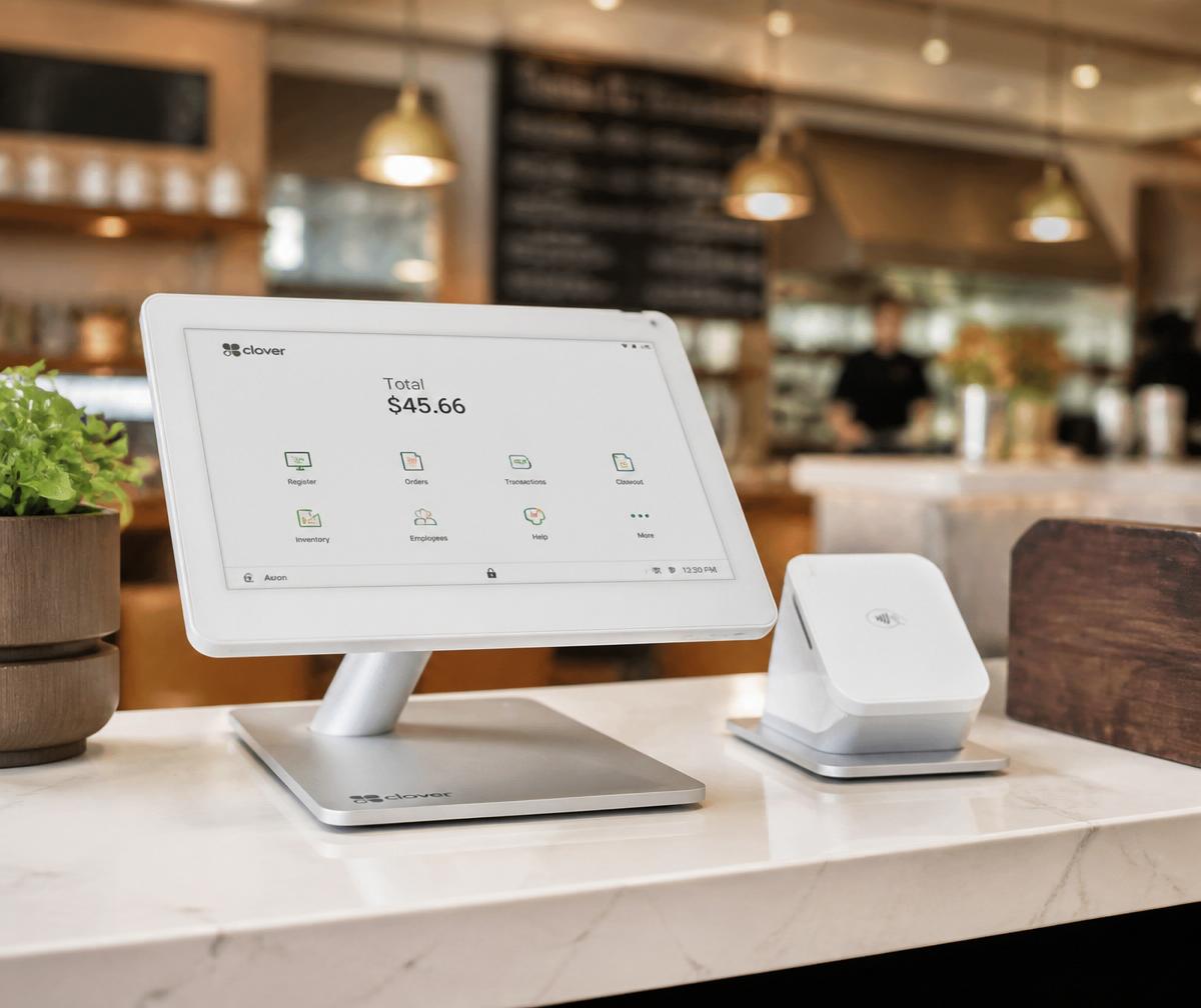 Clover POS terminal on a restaurant checkout counter